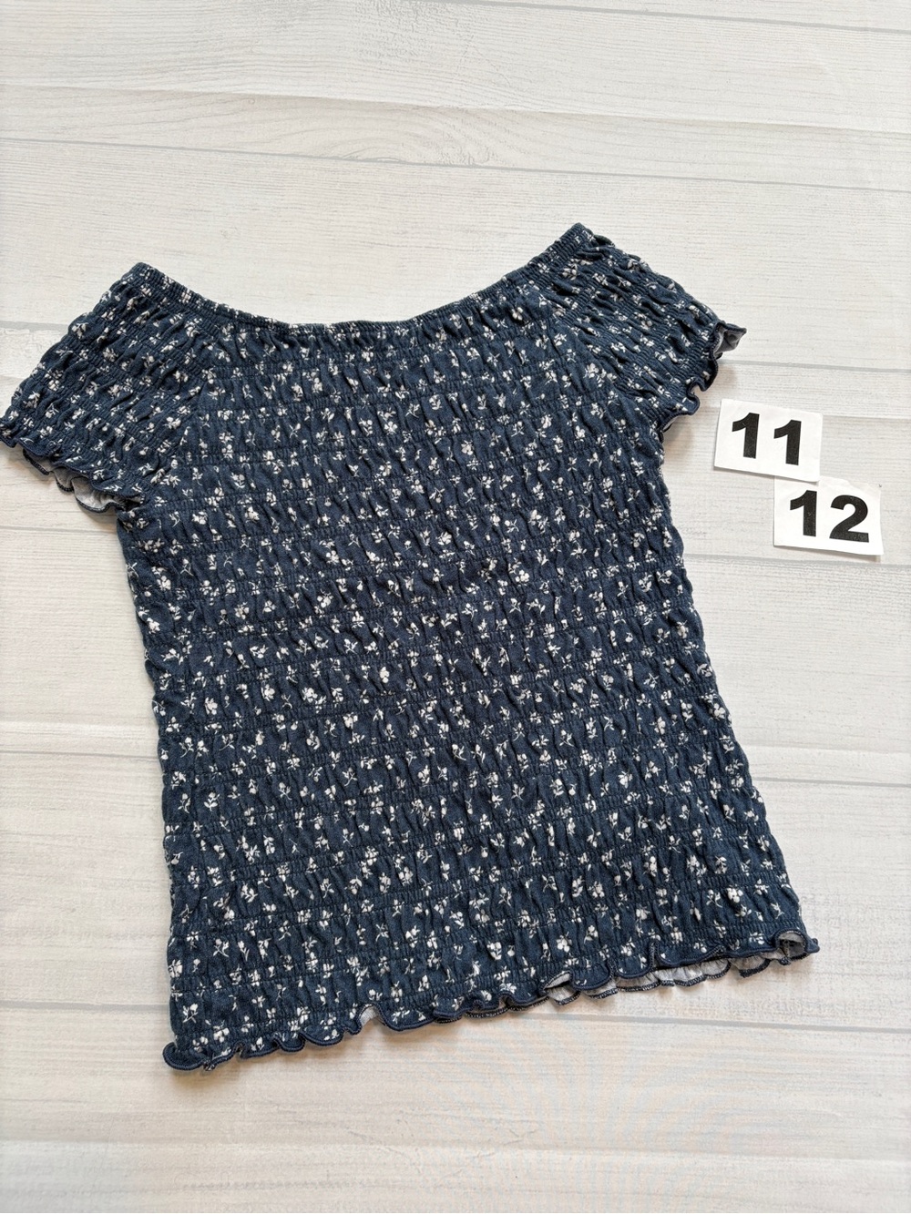 abercrombie kids Navy Smocked Off-Shoulder Floral Crop Top